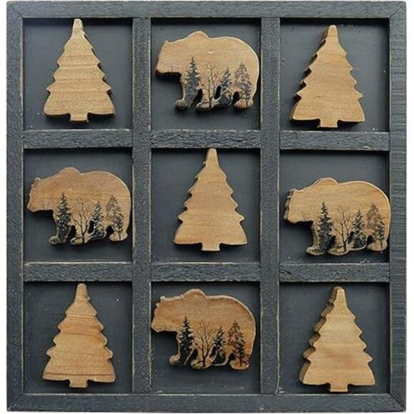 Bear Tic Tac Toe Game Rustic Wood Cabin Coffee Table Decor Family Travel Toy - Picture 7 of 7